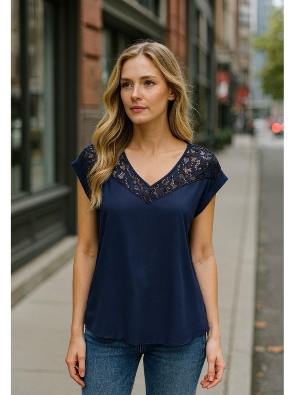 Express Navy Lace Yoke V-Neck Blouse